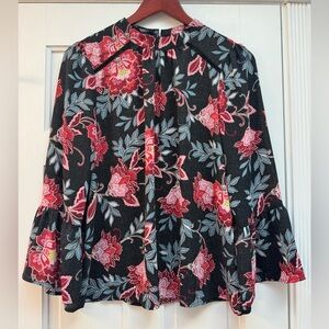 LOFT Black Blouse with Red Floral Pattern
